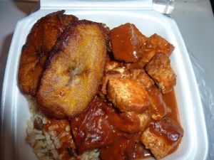 Plantains, Barbequed tofu, rice & peas at Healthful Essence in Atlanta