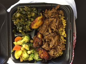 jerk ";un-duck";, brown rice, curry vegetables, and collards  at Healthful Essence in Atlanta