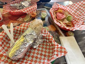 Chips and SUPER VEGAN BURRITO   at La Cumbre Taqueria in San Francisco