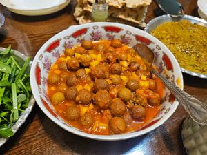 Vegan gheymereezeh nokhodchee (meatball and chickpea flour with potatoes) at Iran Vegan Travel in Isfahan