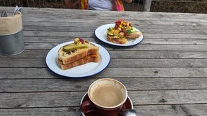 Veg toasty and avo on toast but with tofu instead of eggs. at Beaches in Port Elliot
