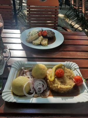 Jackfruit Selchknödel and Jackfruit "Schweinsbraten" at Bierosophie in Vienna