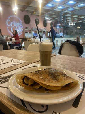 Vegan dark chocolate with bananas and a vegan banana milk coffee   at CrepeCafe in Astana