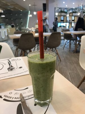 Green smoothie with almond milk at CrepeCafe in Astana