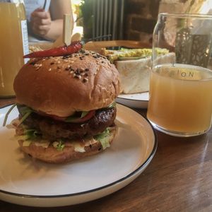 BBQ seitan burger, non-alcoholic cider & non-egg sandwich  at Mission in Moscow