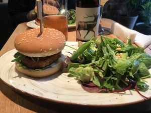 Tofu Burger, salad, kombucha  at Mission in Moscow