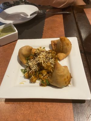 Vegan Samosa Chat is AMAZING ❣️ We also ordered the veggie fried rice and  the Vegan Mantra with tofu, eggplant and potatoes in a coconut cream sauce.   The owner is so sweet.  at Masala Mantra in Cape Coral