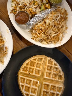 Vigas and belgian waffle  at Seven Mile Cafe in Fort Worth