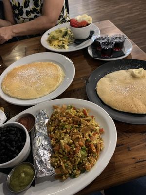 Vigas and modified house pancake at Seven Mile Cafe in Fort Worth