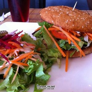 Soy burger with balsamic glaze and mushrooms, served with side salad with sesame dressing at Mantras Veggie Cafe and Tea House in San Jose