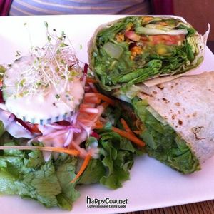 Florentine wrap: veggies, mushrooms and pesto with side salad with sesame dressing at Mantras Veggie Cafe and Tea House in San Jose