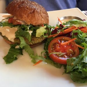 falafel burger at Mantras Veggie Cafe and Tea House in San Jose