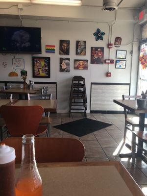 Front door, decor, artwork (some for sale) at Sabor de mi Tierra Mexican Grill in Stone Park