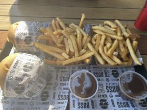 “The Vegan” burger and fries with vegan gravy 🤤🤤  at Boss Burger Co in Ballarat