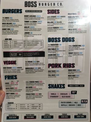 Menu  at Boss Burger Co in Ballarat