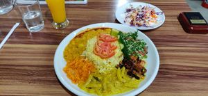 Vegan plate with side salad and a drink of choice at Ceylon Cafe in Nagoya
