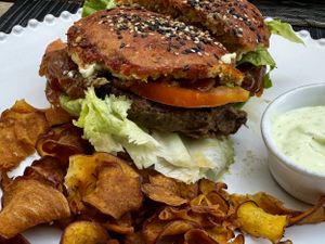Bean burger on a beetroot bun    at Raiz in Aveiro