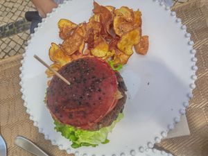 Burger & sweet potato fries at Raiz in Aveiro
