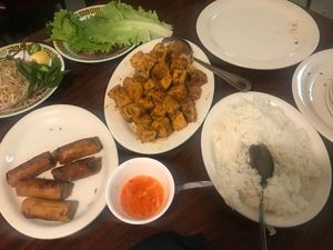 Lemongrass tofu, veggie egg rolls and rice at Pho Binh in Memphis