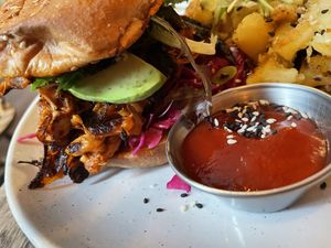 My husband really enjoyed his bean burger and homemade ketchup.   at Revelstoke in Peterborough