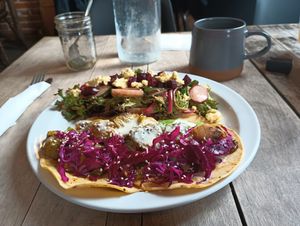 Charred Brussel Sprout Tacos w guac, slaw & lime crema - daily special - upgraded the side salad from garden house salad to beet salad at Revelstoke in Peterborough