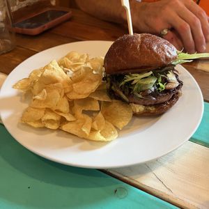 Mushroom Burger, side kettle chips  at Revelstoke in Peterborough