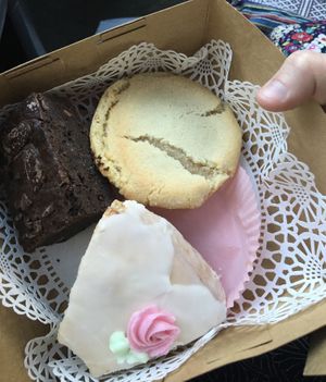 chocolate brownie, marzipan sugar cookie, and a slice of strawberry & vanilla cornmeal cake  at Sweet Maresa's in Kingston