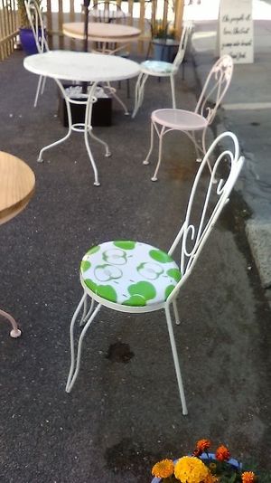 New outdoor seating in parking spots outside Sweet Maresa's, the vegan desert bakery in Kingston, New York. June 2021.  at Sweet Maresa's in Kingston