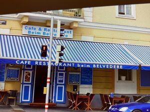 View from across the street at the upper Belvedere. at Art Corner Cafe in Vienna