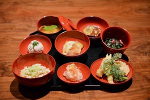 Maruya's Shojin Ryori Dinner Set (Japanese Buddhist Monk Cuisine). 8 dishes comprised of various vegetables. at Maruya in San Francisco