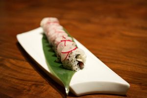This is one of the Maruya's vegetarian roll (maki). It has yamaimo, Japanese mountain root vegetable. at Maruya in San Francisco