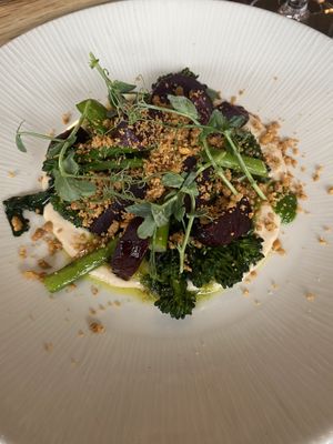 Tenderstem broccoli & beetroot with white bean hummus. Delicious!  at Siar Restaurant at The Ellison in Castlebar