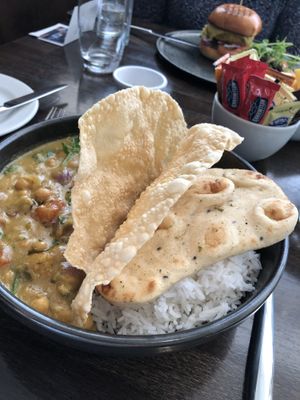 Vegan korma and a vegan burger (cauliflower and curry patty)   at Siar Restaurant at The Ellison in Castlebar