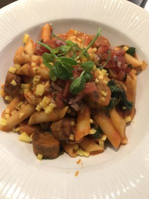 Pasta with vegan meatballs and cheese at Siar Restaurant at The Ellison in Castlebar