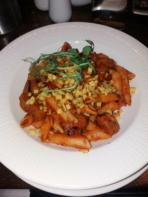 Pasta and meat balls/chopped sausage and vegan cheese at Siar Restaurant at The Ellison in Castlebar