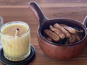 Rice noodles with tempe; fresh juice   at Saifana Organic Farm in 