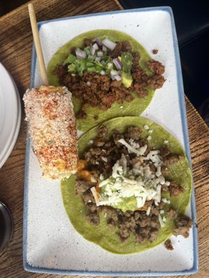 “Beef” on the left and “Chorizo” on the right with the vegan elotes corn which was soooo good, but get a knife to cut it off the cob  at Senoritas Cantina in Chicago