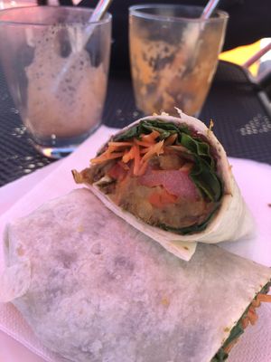 Lentil pattie and salad wrap (and empty juice glasses!)  at Lush Juice 'n Coffee Bar in Blackburn