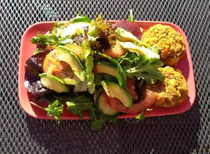 Chickpea & lentil patties with side salad  at Lush Juice 'n Coffee Bar in Blackburn