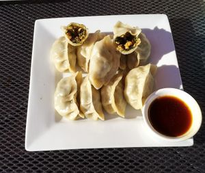 Vegan dumplings at Lush Juice 'n Coffee Bar in Blackburn