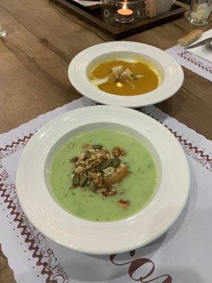 pumpkin soup, pea soup at Pure Plants Vegan 原植蔬食 in Taipei