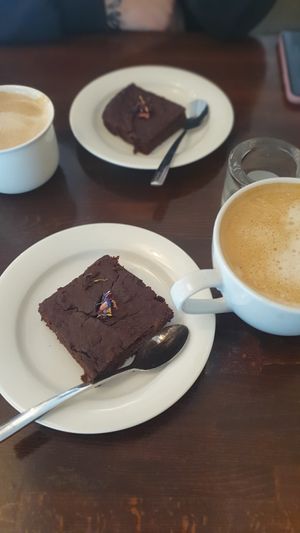 Brownie and latte at Hey Lucie! in Uppsala