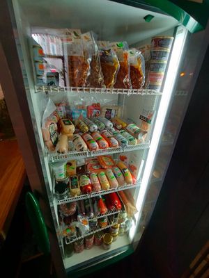 Fridge with vegan food stuff at Ananda Cafe in St Petersburg
