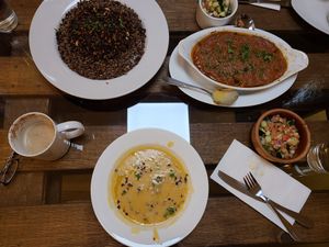 Awesome meal soup,salad,mains and Chai latte at Koshari Mama in Somerville