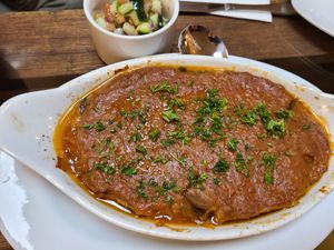 Mouska served with rice at Koshari Mama in Somerville