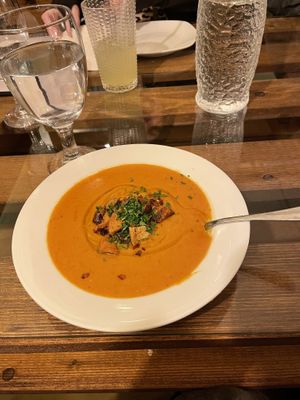 Lentil soup with garlic croutons. 💛  at Koshari Mama in Somerville