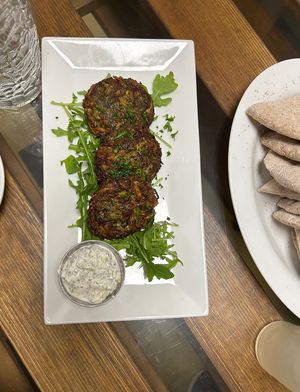 Zucchini Potato Cakes w/Cucumber Mint Dip  at Koshari Mama in Somerville
