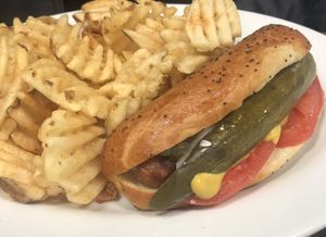 Chicago dog! Field roast stadium dog. Onions, pickle, relish, tomato, celery salt, and mustard! at Manna Kitchen in Lisle