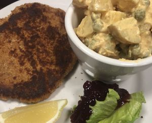 Never had Schnitzel before let alone a vegan one. The star of the plate is the potato salad. the schnitzel is also delicious.  at Manna Kitchen in Lisle