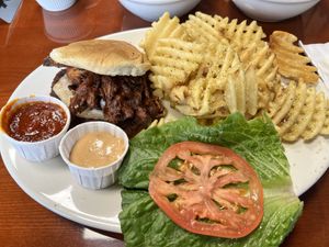 Tower Burger with Garlic Parm Fries  at Manna Kitchen in Lisle